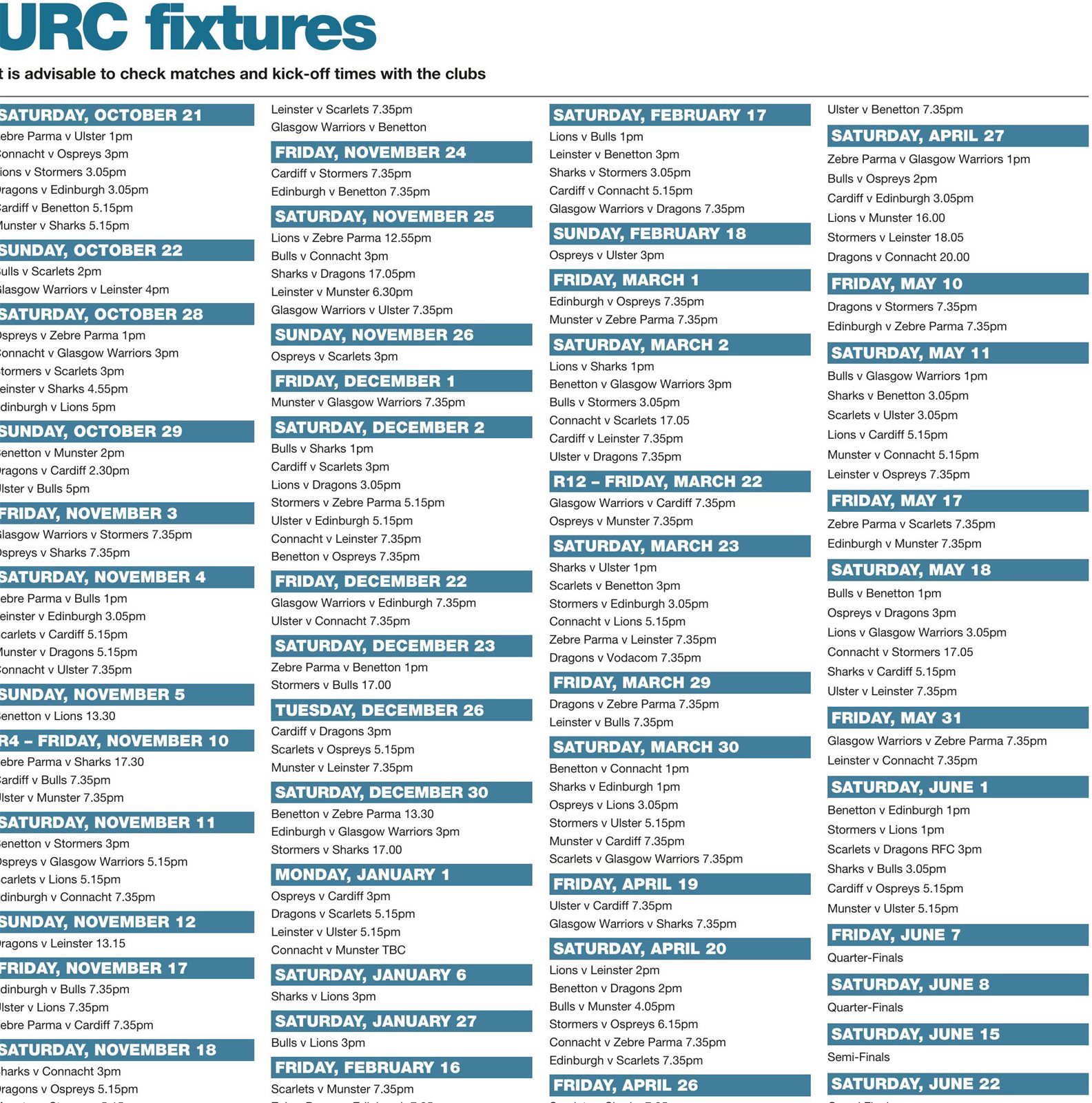 URC fixtures | The Rugby Paper 16-Jul-2023